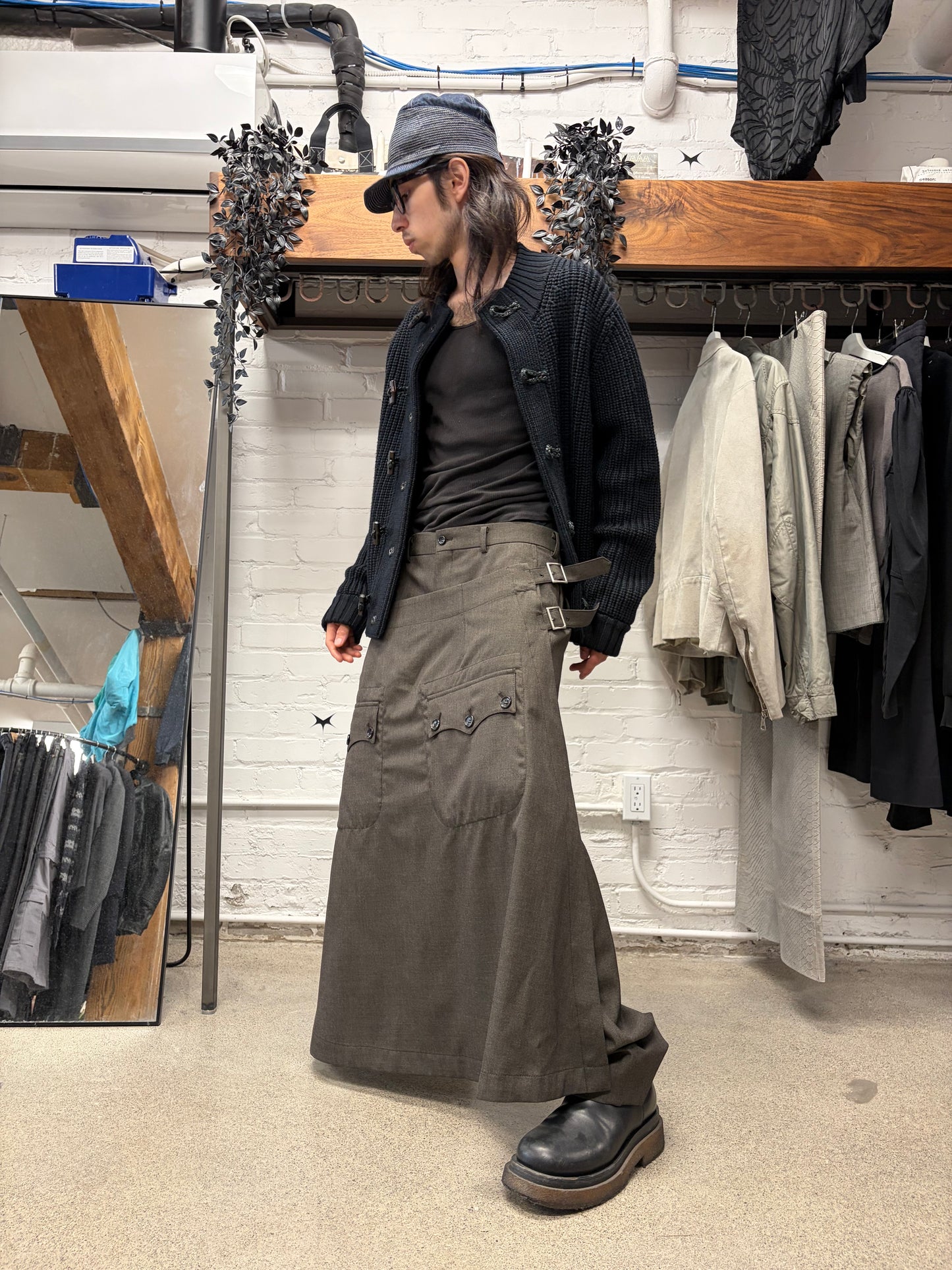 SS2025 Comme Des Garçons Homme Plus Skirted Layer Wool Wide Leg Trousers