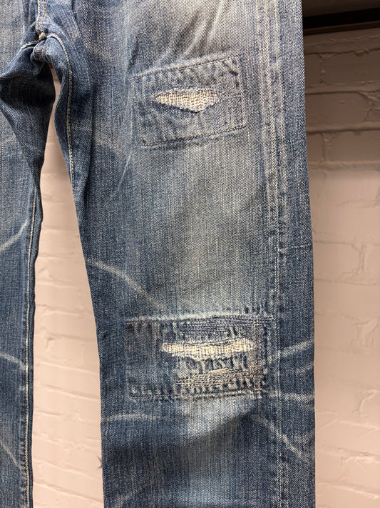 Kapital ‘Sashiko Repaired’ Low Rise Dark Wash Blue Flared Denim