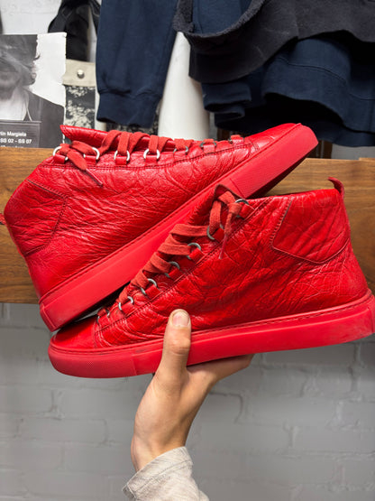 Balenciaga Red ‘Arena’ Calfskin Leather High Top Sneakers