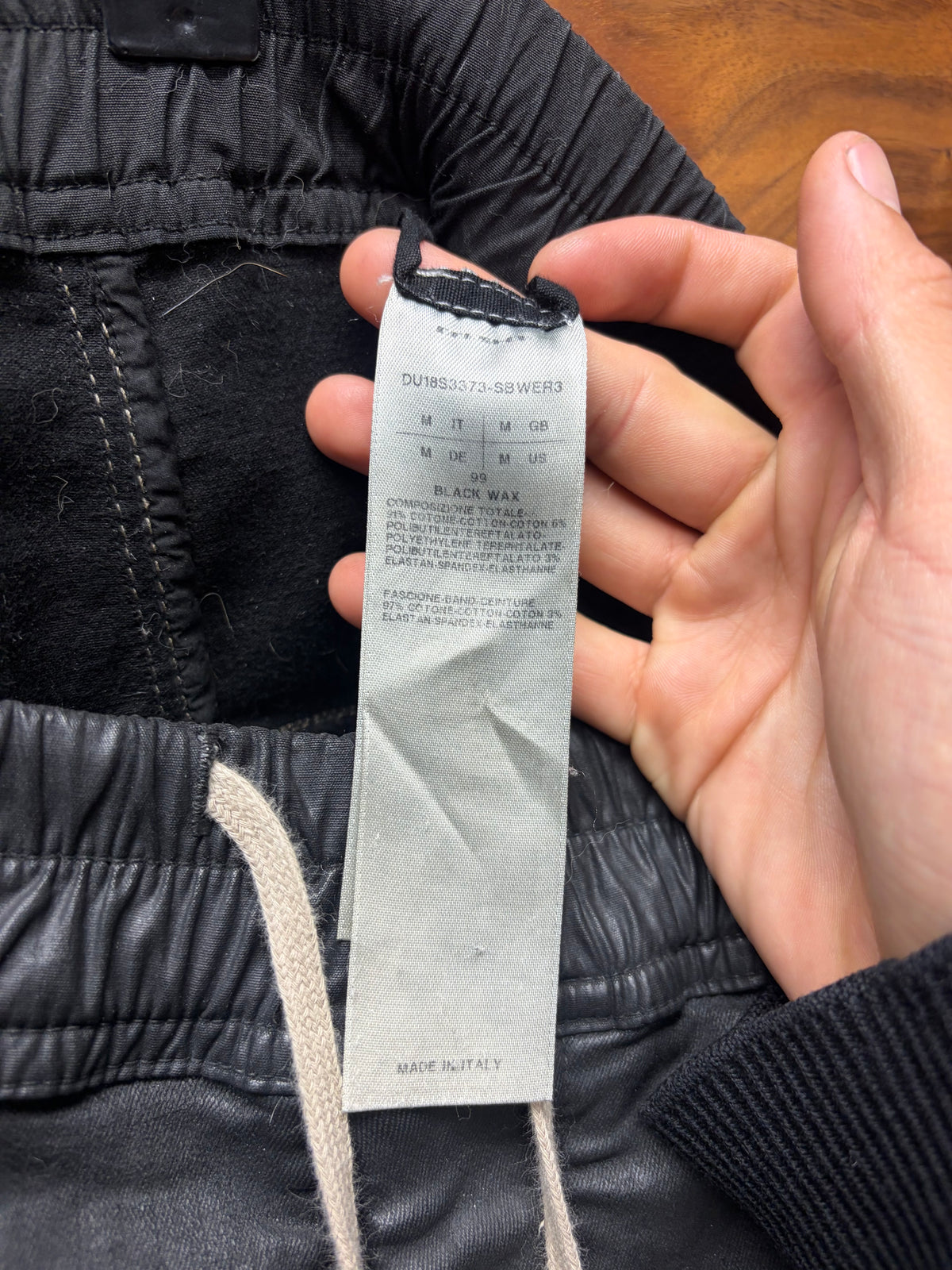 AW2017 Rick Owens 'Glitter' Waxed Black 'Subhuman' Patch Cropped
Drop Crotch Pants