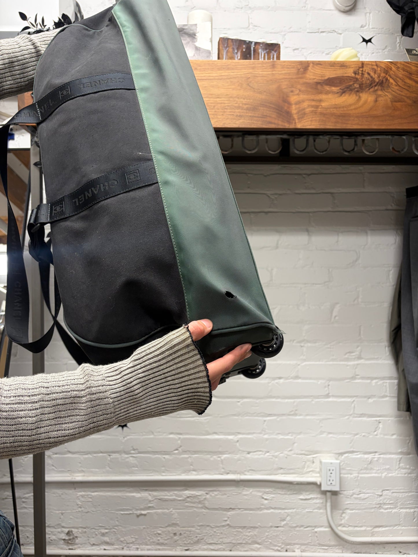 Vintage Chanel Black/Green Canvas Massive Roller Travel Bag