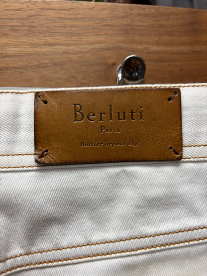 Berluti Pleated White Slim Cut Denim with Leather Pocket Trim