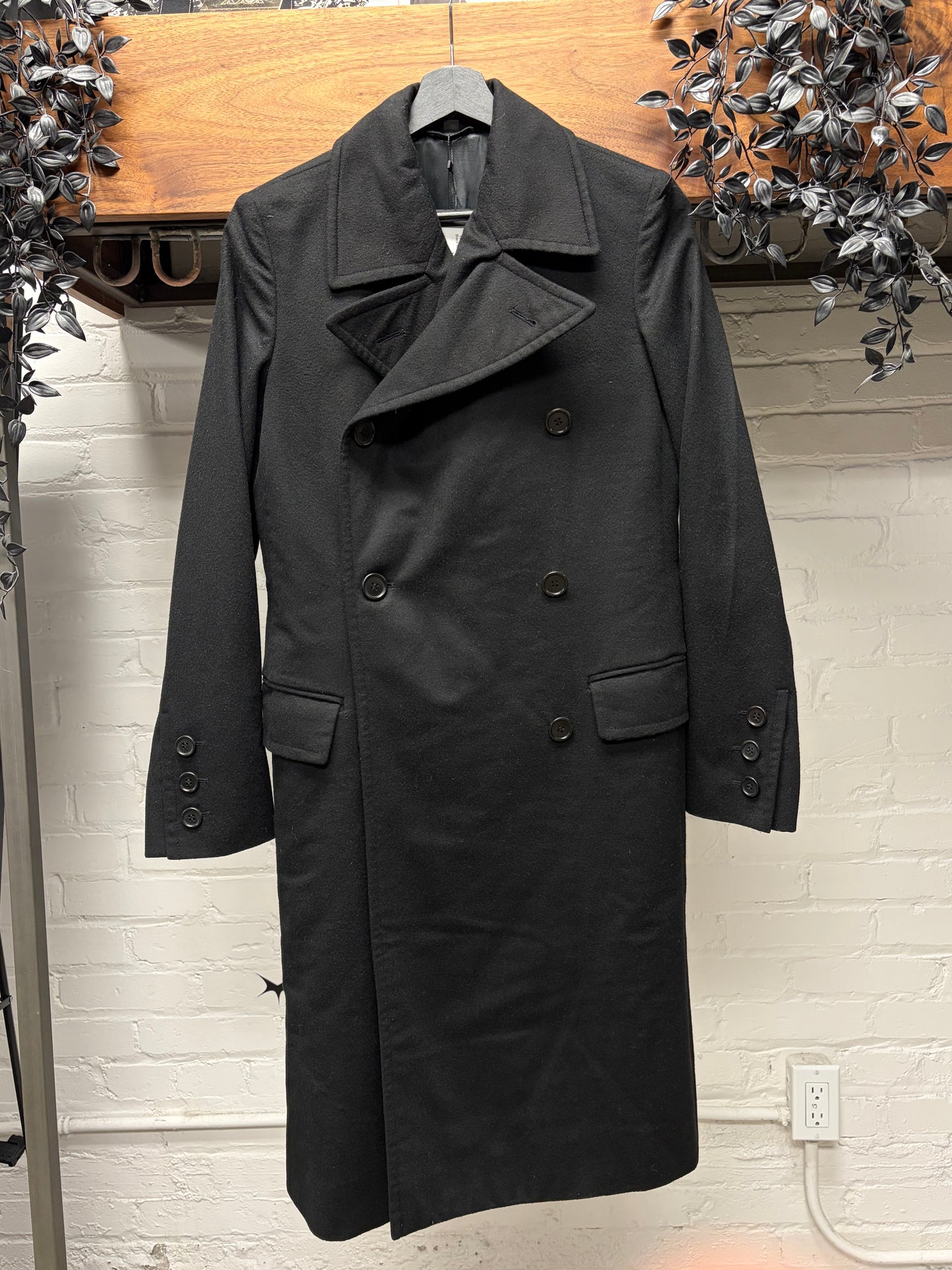 Vintage Helmut Lang Full Length Black Wool Double Breasted Coat