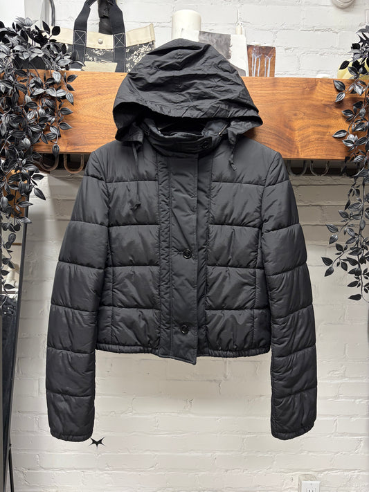 Miu Miu Padded Black Cropped Down Fill Puffer Jacket with Stow Hood