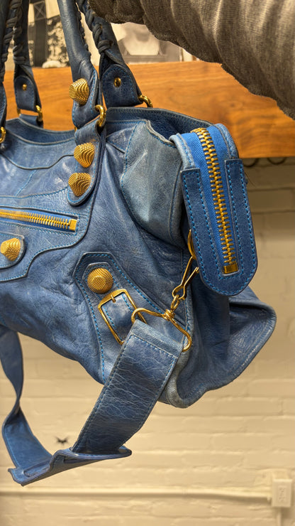 Balenciaga Aquamarine ‘City Bag’ with Gold Hardware and Crossbody Strap