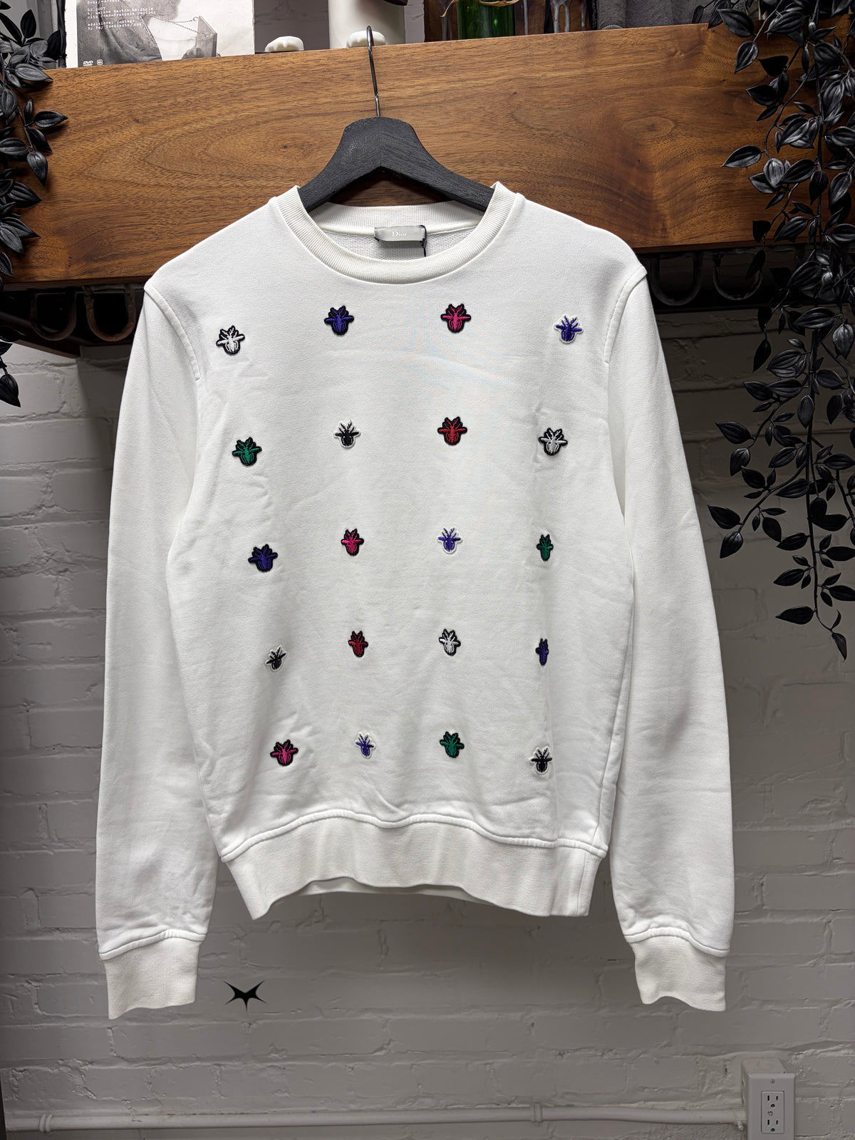 Dior Homme Multi-Coloured ‘Bee Logo’ Patch Embroidered White Crewneck Sweater