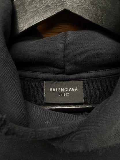 SS2025 Balenciaga Destroyed Distressed Cropped Black Heavy Cotton Logo Hoodie