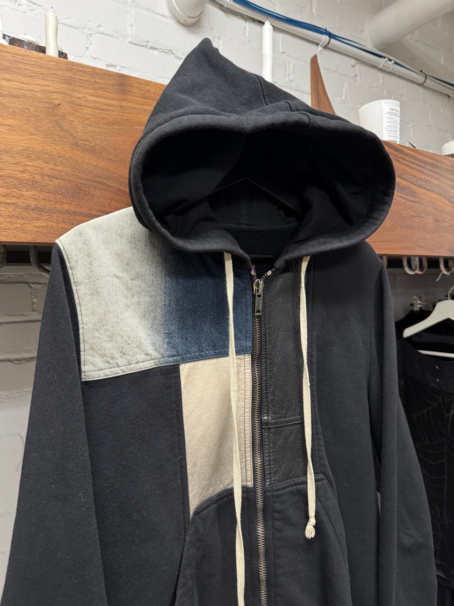 SS2016 Rick Owens ‘Cyclops’ Denim/Leather Patchwork ‘Jason’ Zip Up Hoodie