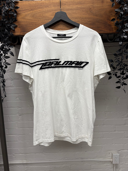 Balmain Embroidered ‘Slant’ Logo White T-Shirt