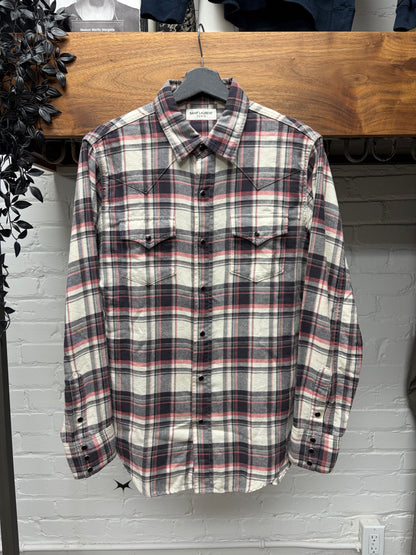 2017 Saint Laurent Brown/Cream Plaid Button Snap Flannel
