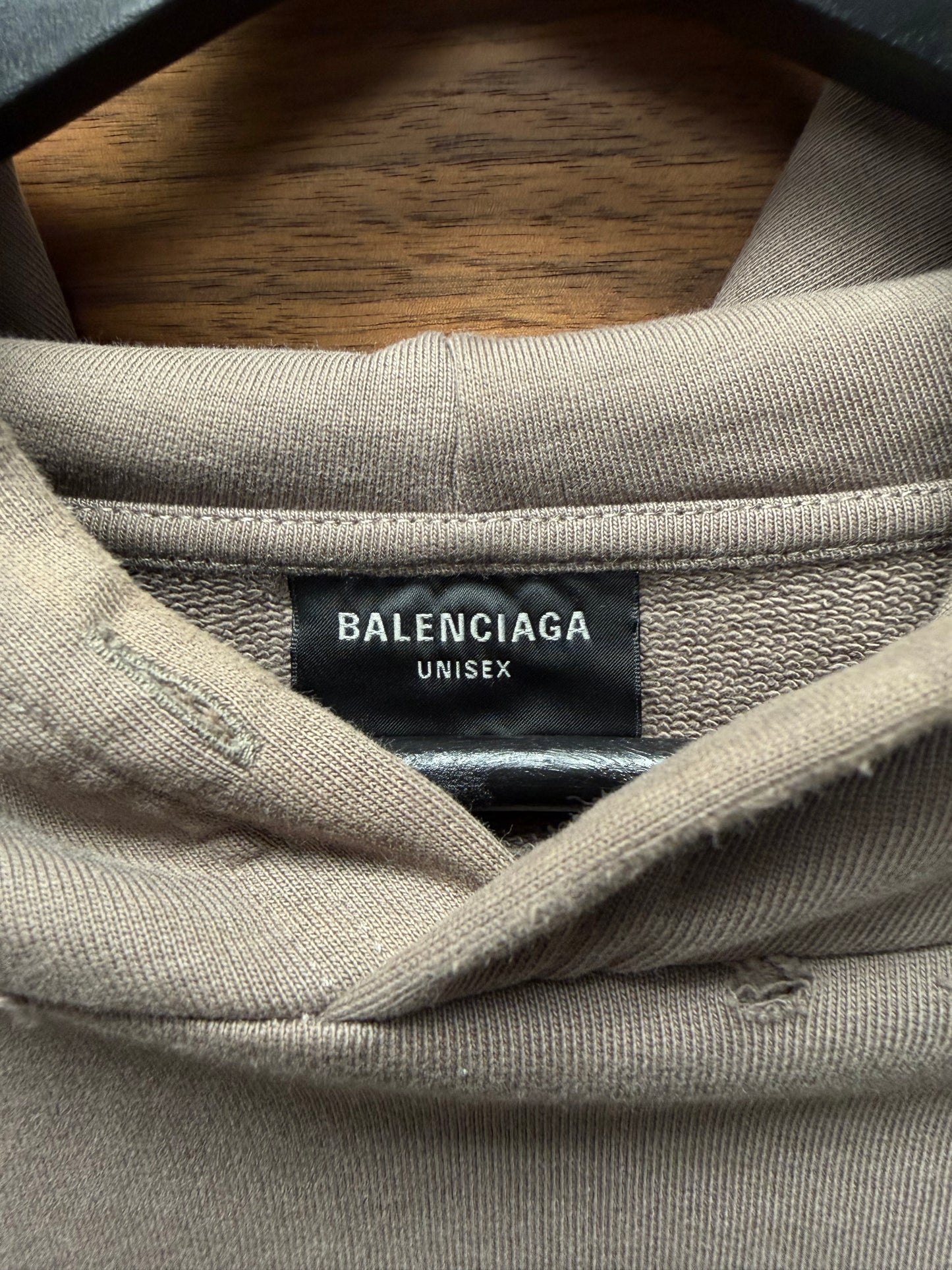 2022 Balenciaga ‘Logo Print’ Distressed Cotton Taupe/Black Pullover Hoodie