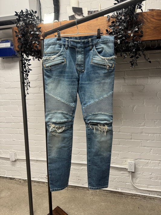 2010s Balmain Washed Blue ‘Biker Knee’ Zipper Detailed Denim