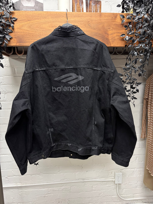 AW2022 Balenciaga ‘3B Sports Icon’ Oversized Distressed Black Denim Trucker Jacket