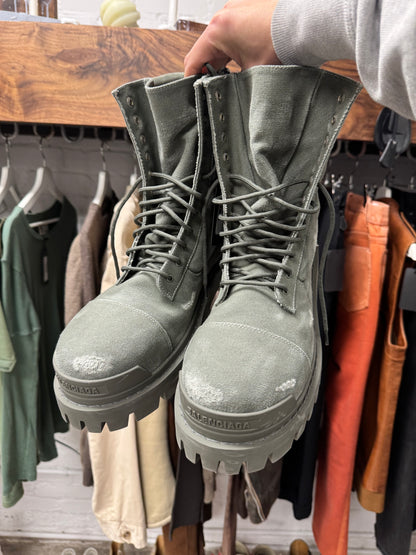 Balenciaga Distressed Canvas Military Green ‘Strike’ Combst Boots