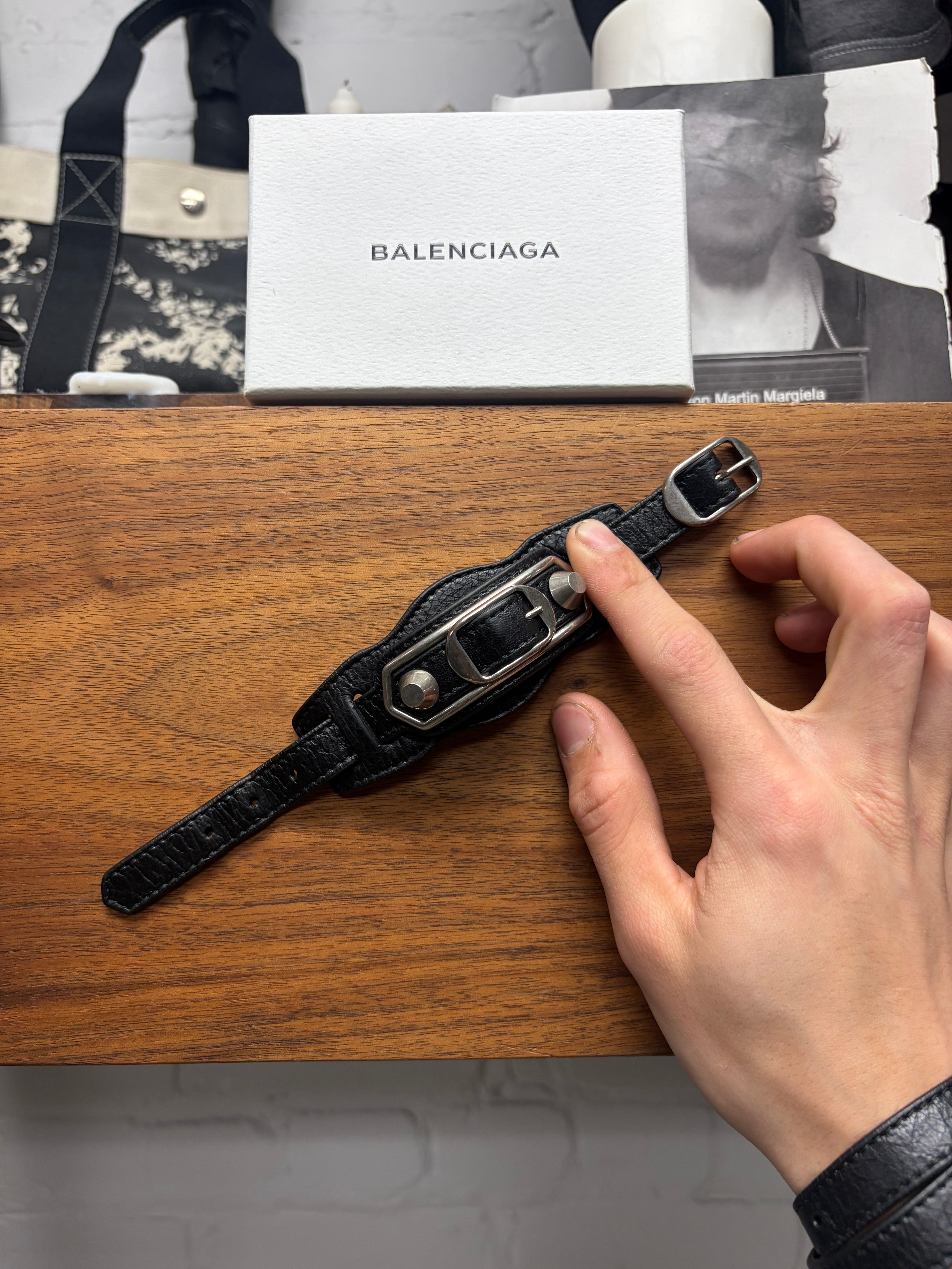 Balenciaga 'Giant' Black Calfskin Leather/Silver Stud Bracelet