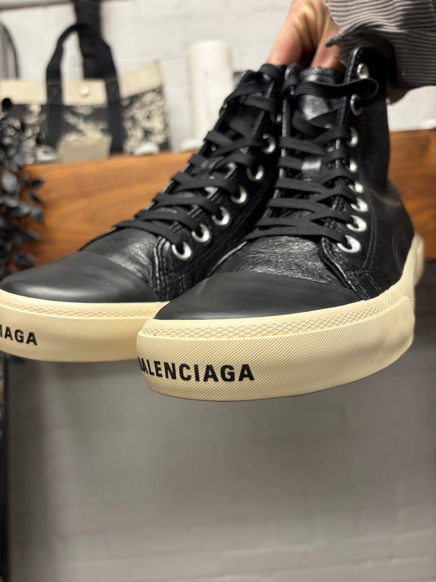 Balenciaga ‘Paris’ Black Leather High Top Sneakers