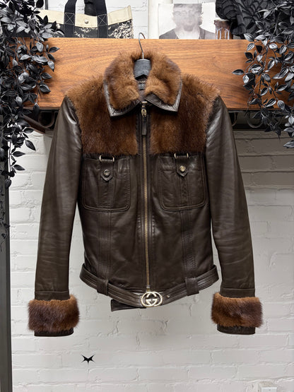 Gucci by Tom Ford Mink Fur/Leather GG Buckle Belted Jacket