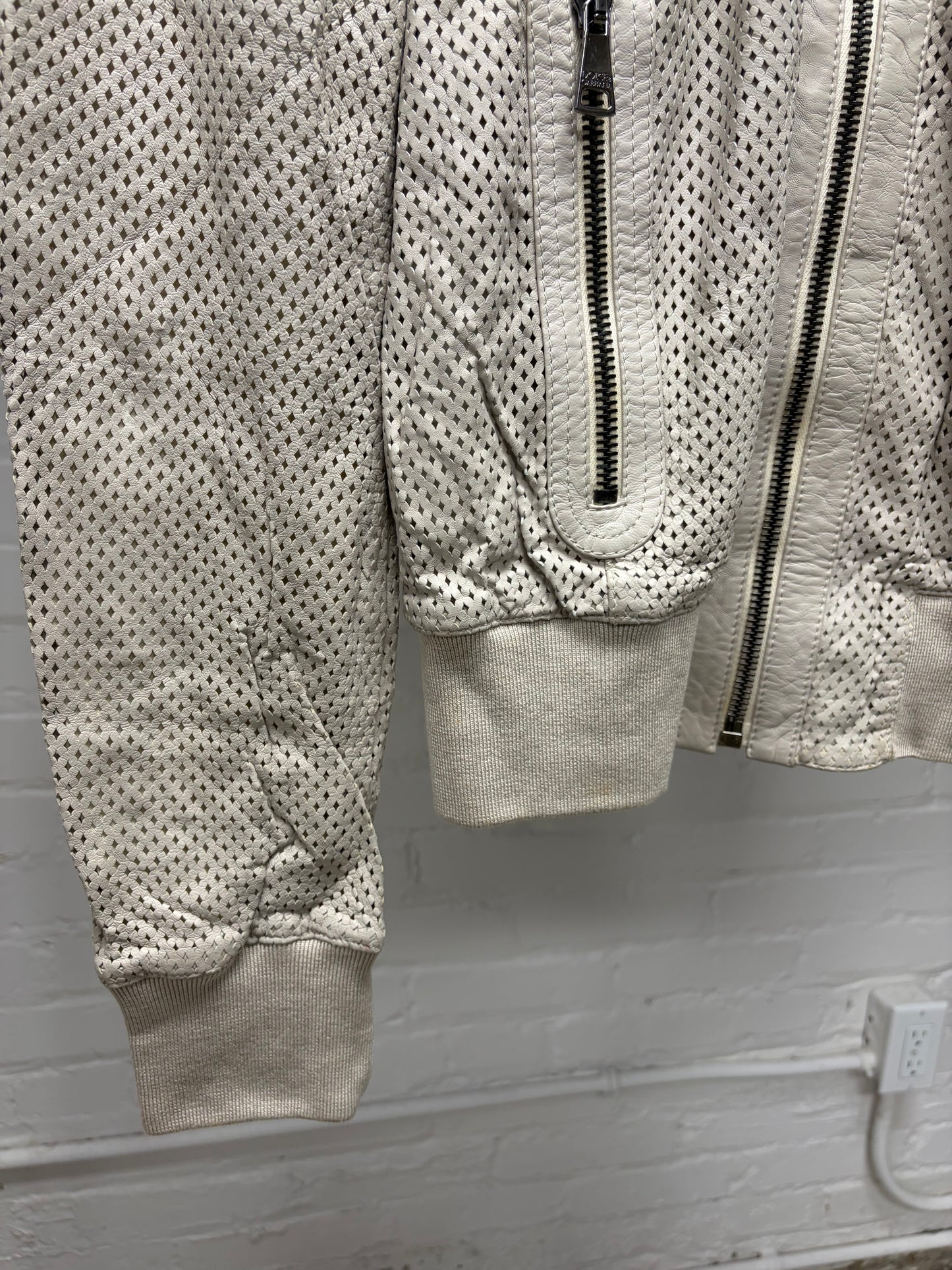 Dolce and Gabbana ‘Mainline’ Diamond Shape Perforated Cream Lambskin Leather Bomber Jacket