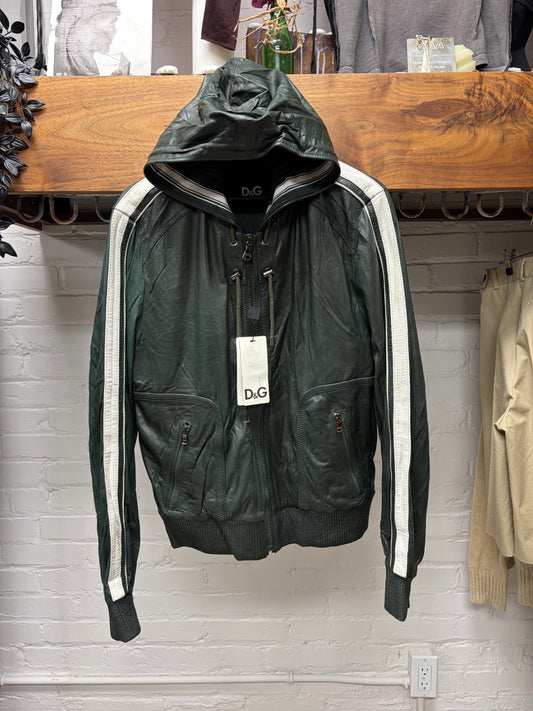 2000s Dolce & Gabbana Dark Green/White Leather Hooded Track Jacket