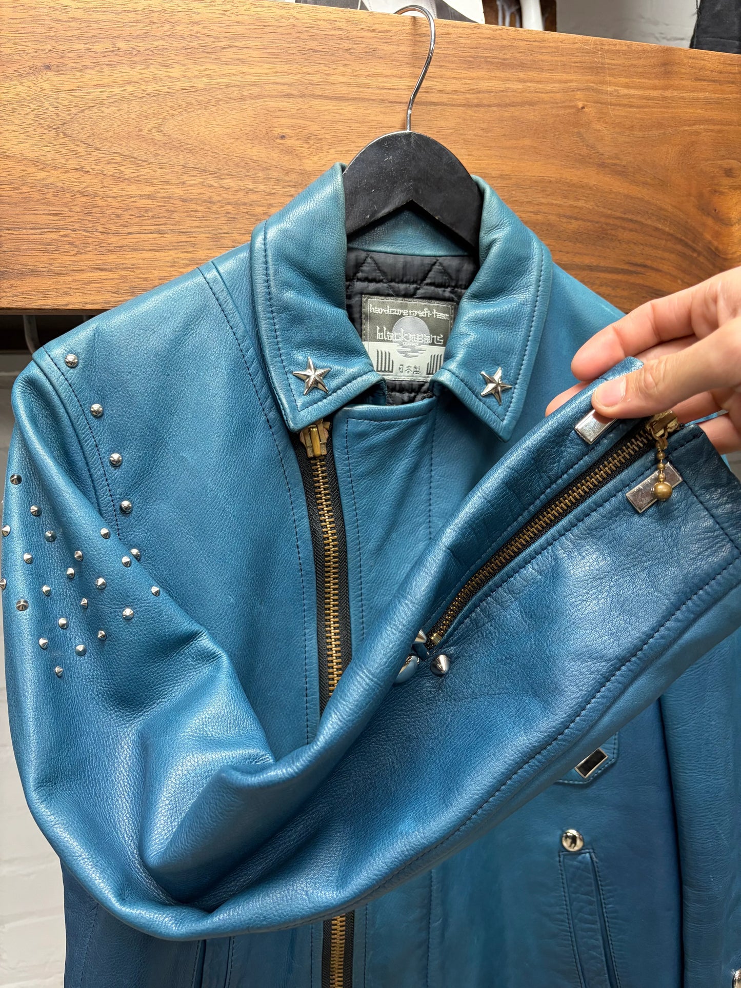 Blackmeans Studded Blue Calfskin Leather Biker Jacket