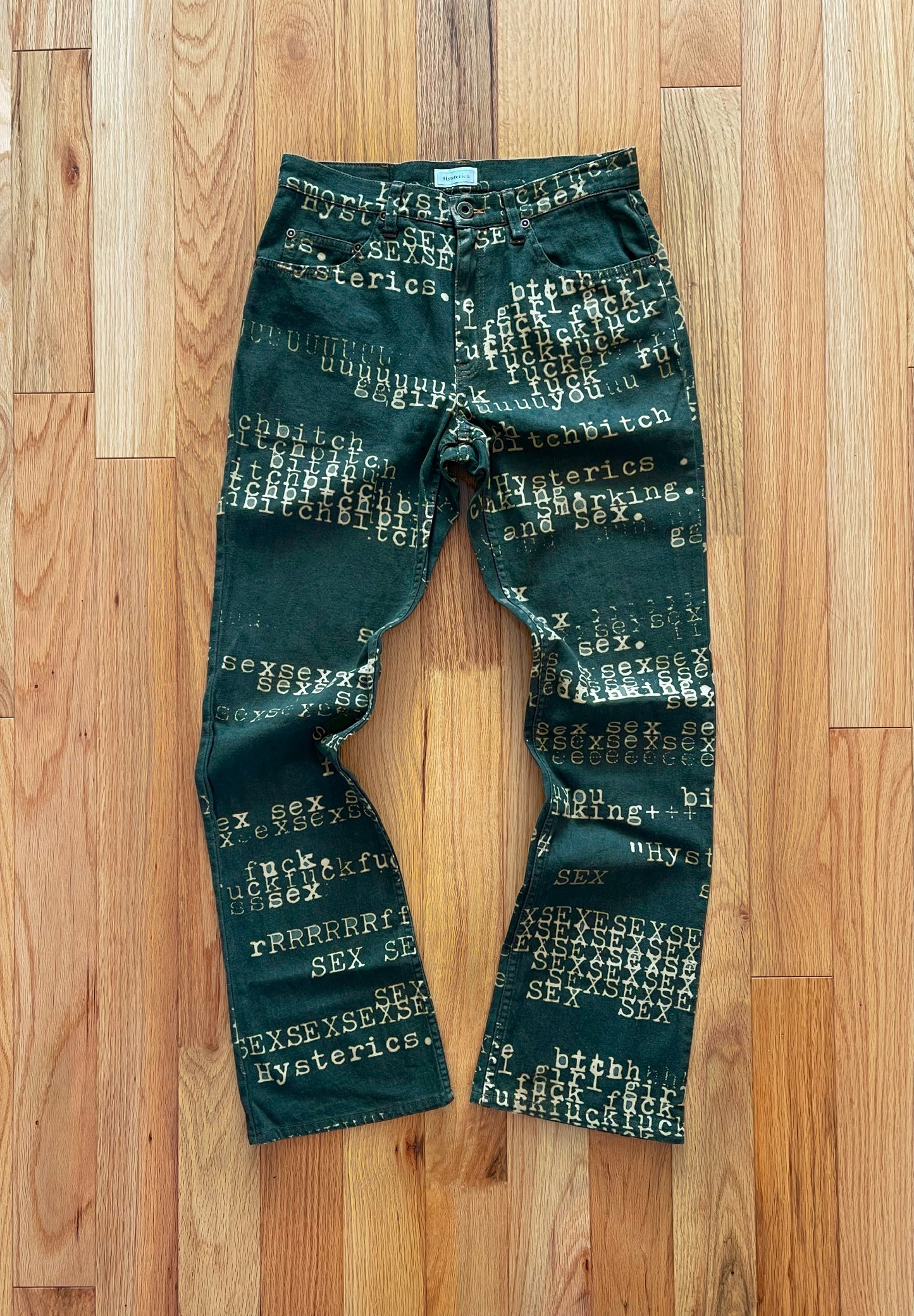 2000s Hysteric Glamour ‘Typewriter’ Moss Green Flared Denim