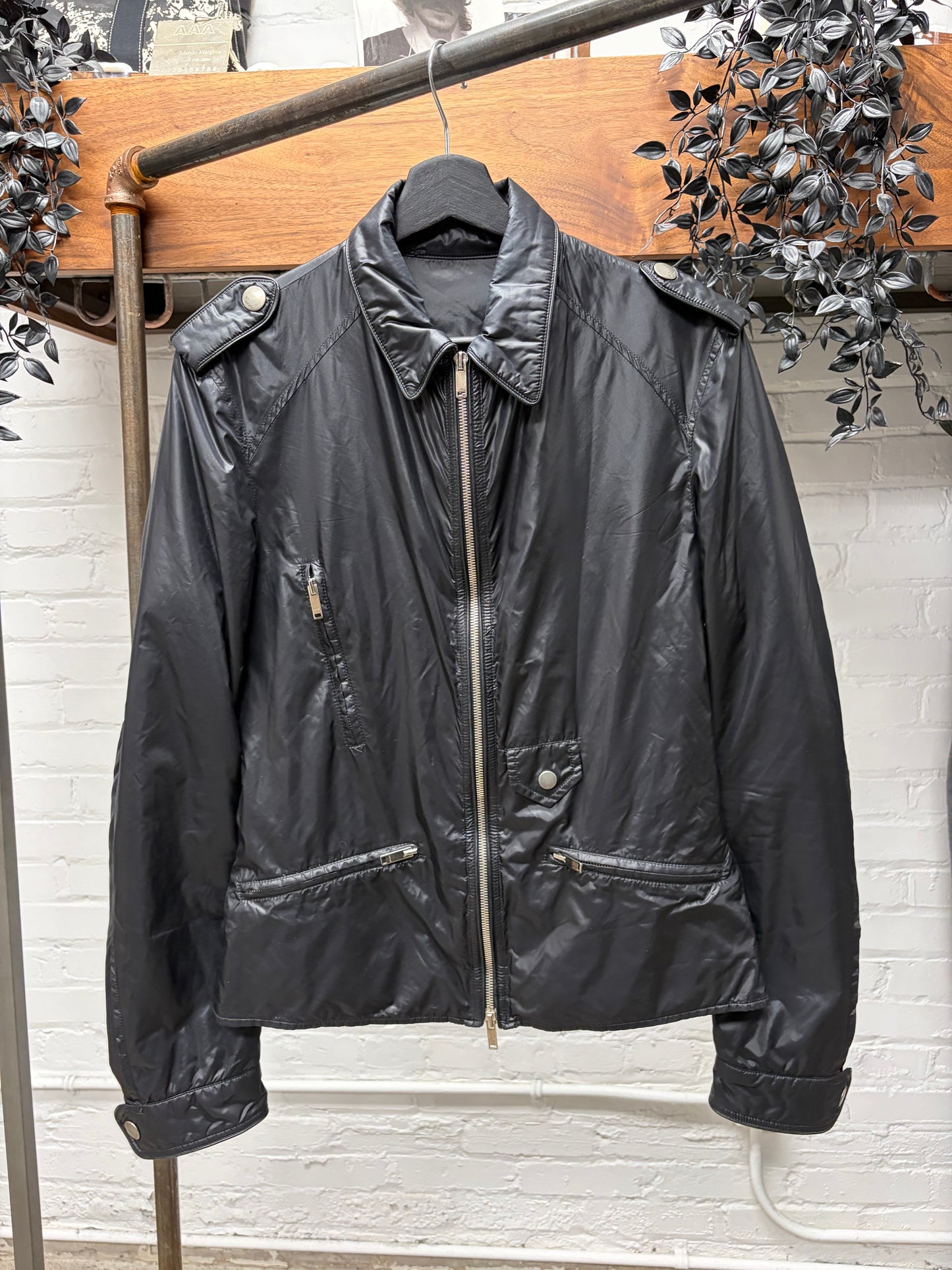 2000s Gucci Black Nylon Slim Cut Biker Jacket with Shoulder Epaulettes