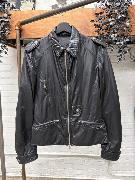 2000s Gucci Black Nylon Slim Cut Biker Jacket with Shoulder Epaulettes