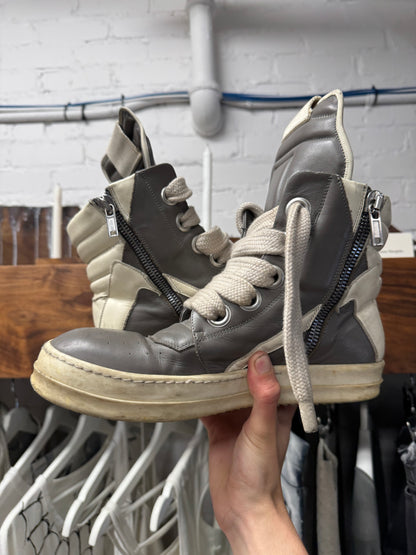 Rick Owens ‘Jumbo Lace’ Grey/Milk Leather ‘Geobasket’ High Top Sneakers