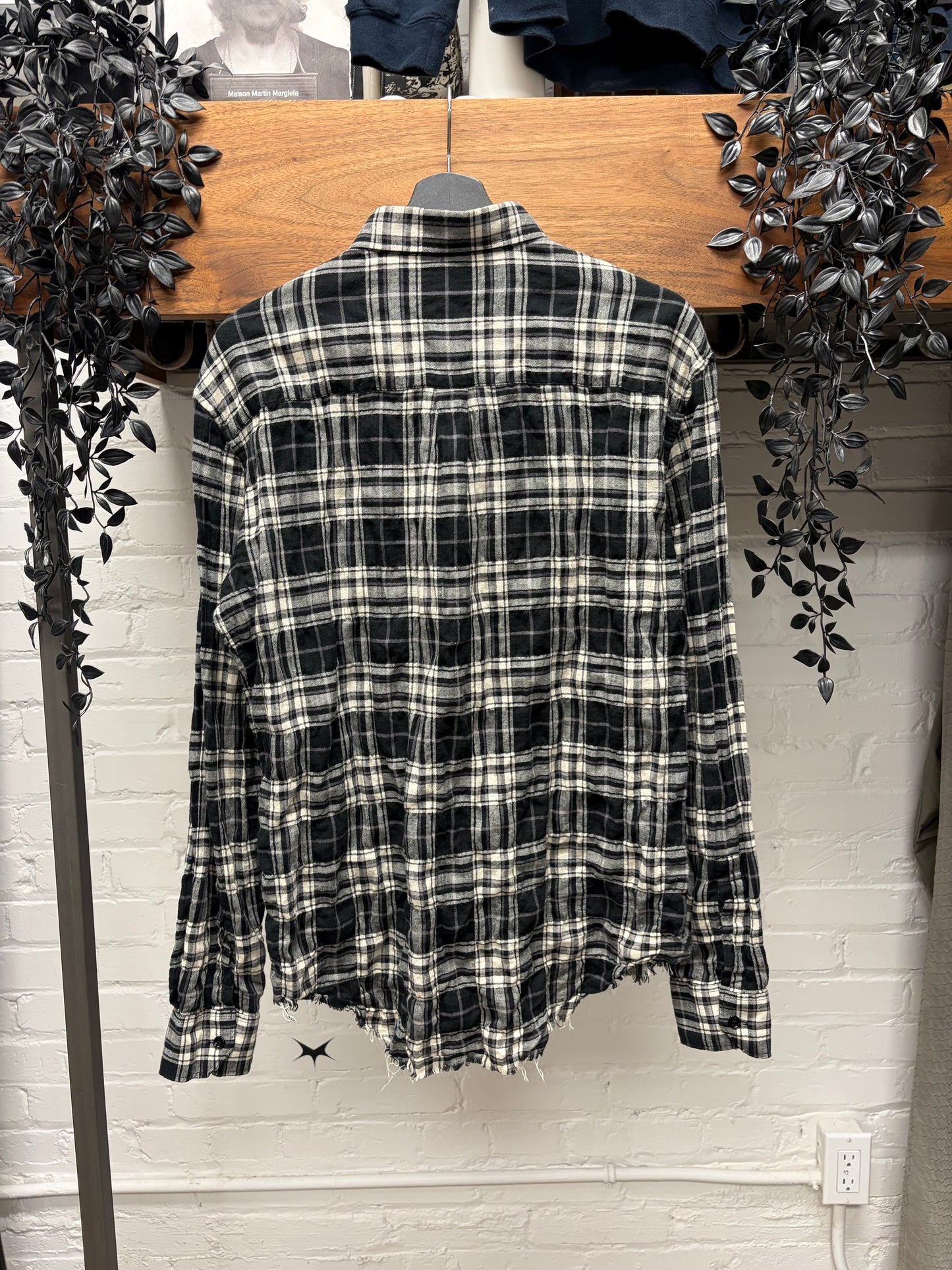 2016 Saint Laurent by Hedi Slimane Distressed Raw Hem Pearl Button Snap Flannel