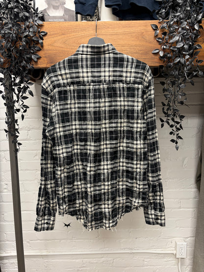 2016 Saint Laurent by Hedi Slimane Distressed Raw Hem Pearl Button Snap Flannel
