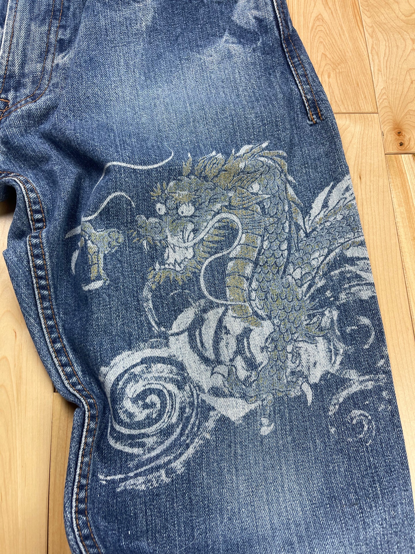 Eternal Tiger & Dragon Blue Washed Wide Cut Denim