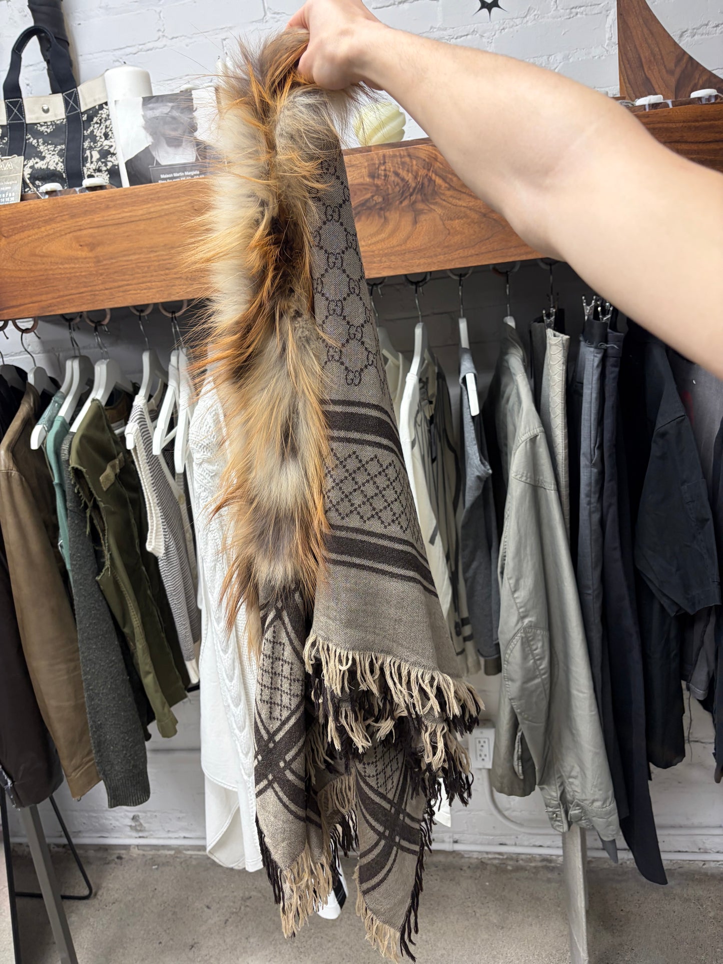 2000s Gucci Genuine Fox Fur Trim GG Monogram Leather Scarf