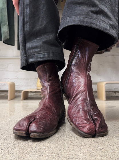Maison Margiela ‘Tabi’ Split Toe Oxblood Red Leather Flat Sole Boots