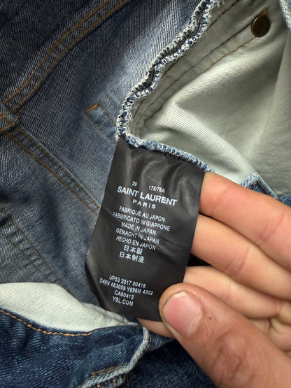 2017 Saint Laurent ‘YSL University’ Patch Blue Skinny Jeans