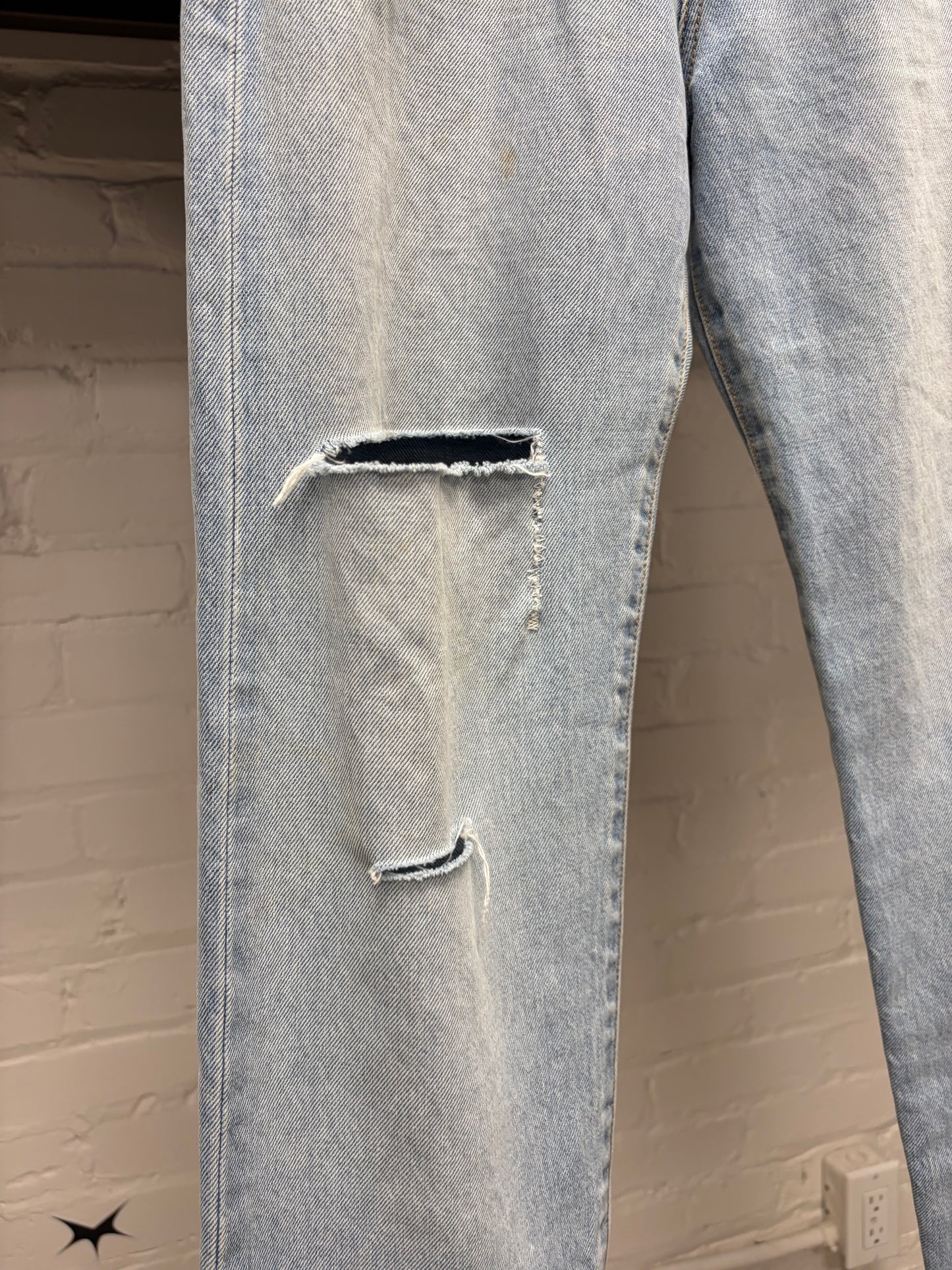 2017 Saint Laurent ‘D02’ Pocket Logo Light Wash Blue Distressed Skinny Jeans