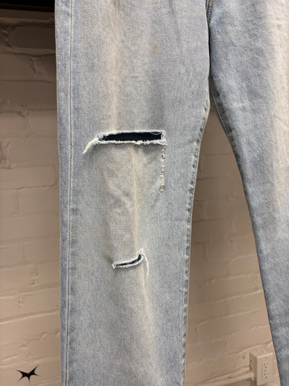 2017 Saint Laurent ‘D02’ Pocket Logo Light Wash Blue Distressed Skinny Jeans