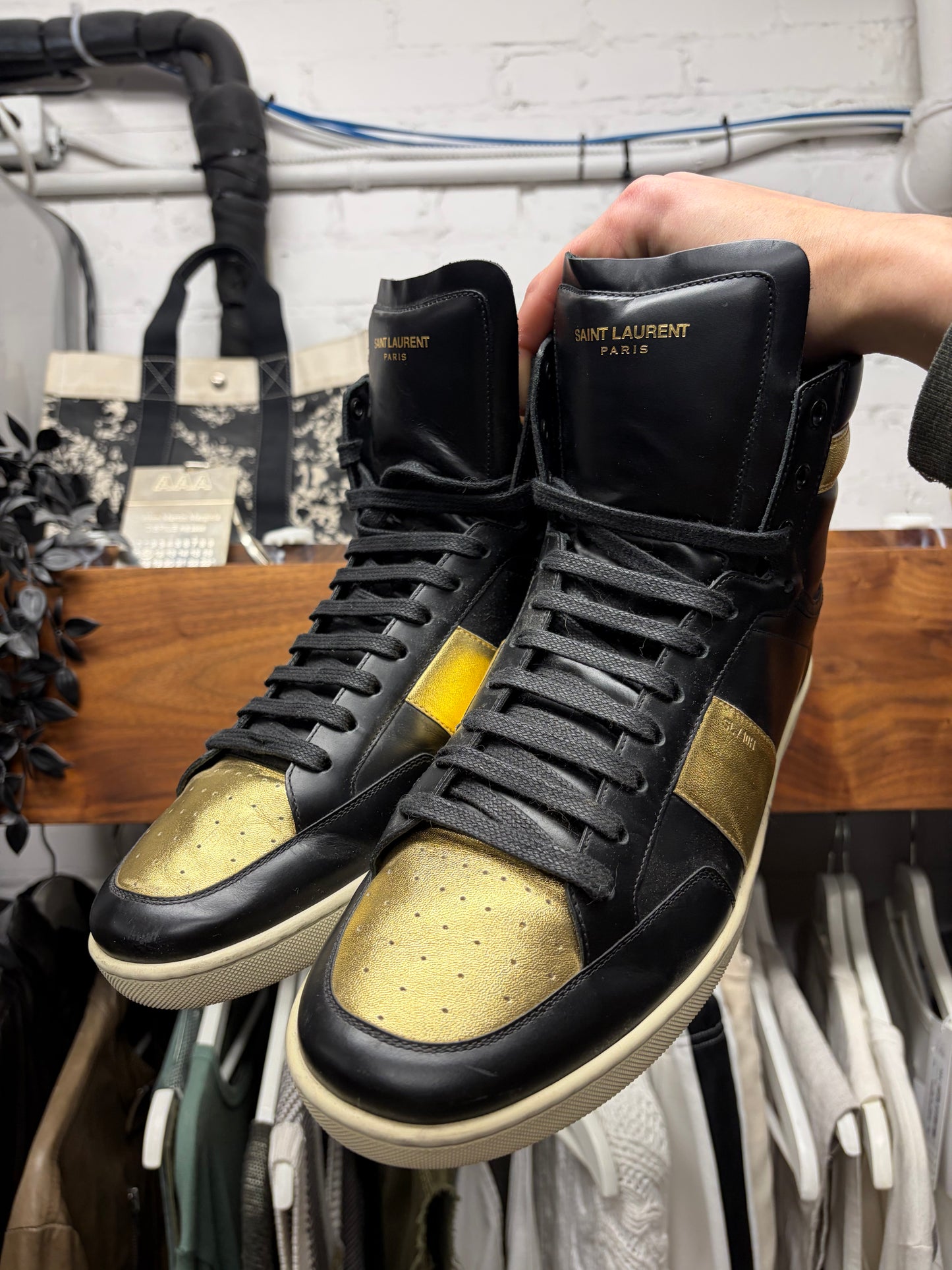 Saint Laurent ‘SL/10H’ Black/Gold Leather Court High Top Sneakers