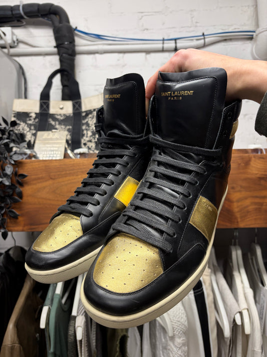 Saint Laurent ‘SL/10H’ Black/Gold Leather Court High Top Sneakers