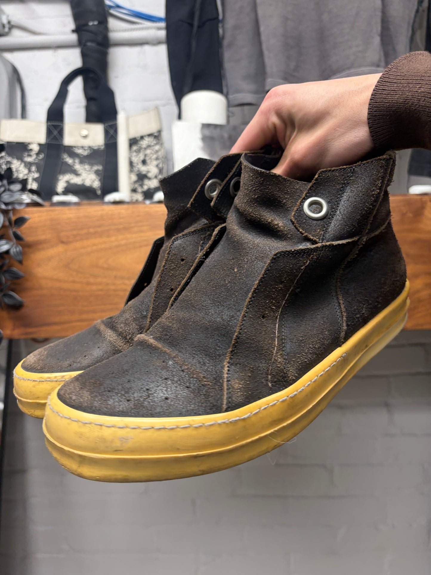 Rick Owens Dust Brown Suede ‘Island Dunk’ Mid Top Sneakers