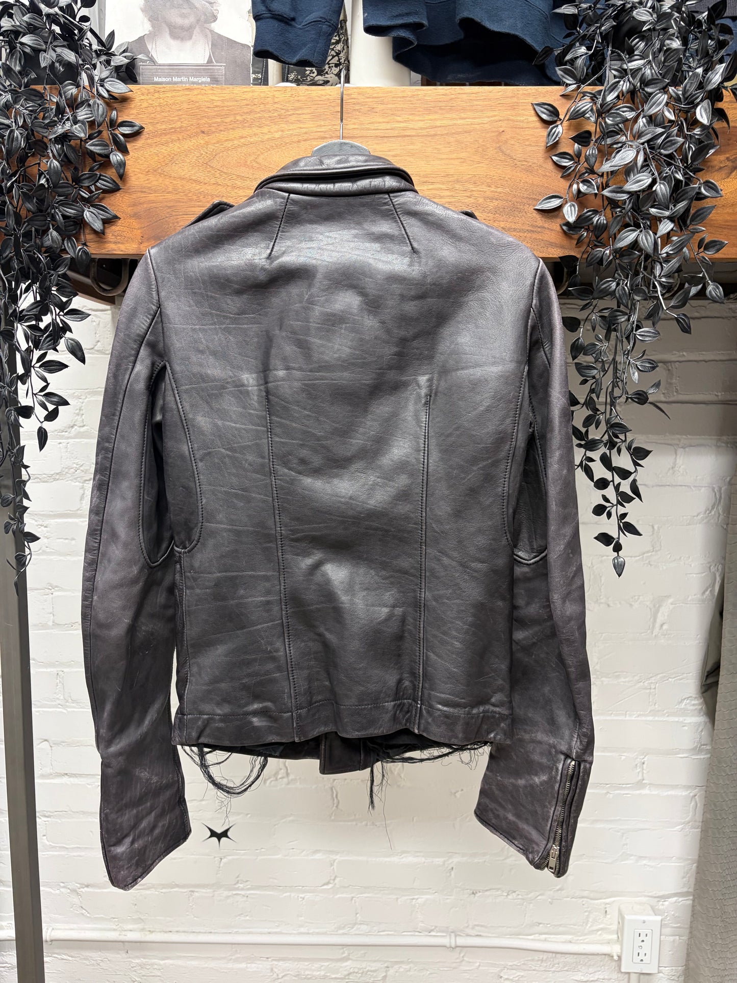 Rick Owens ‘Stooges’ Men’s Black/Purple Faded Calfskin Leather Biker Jacket