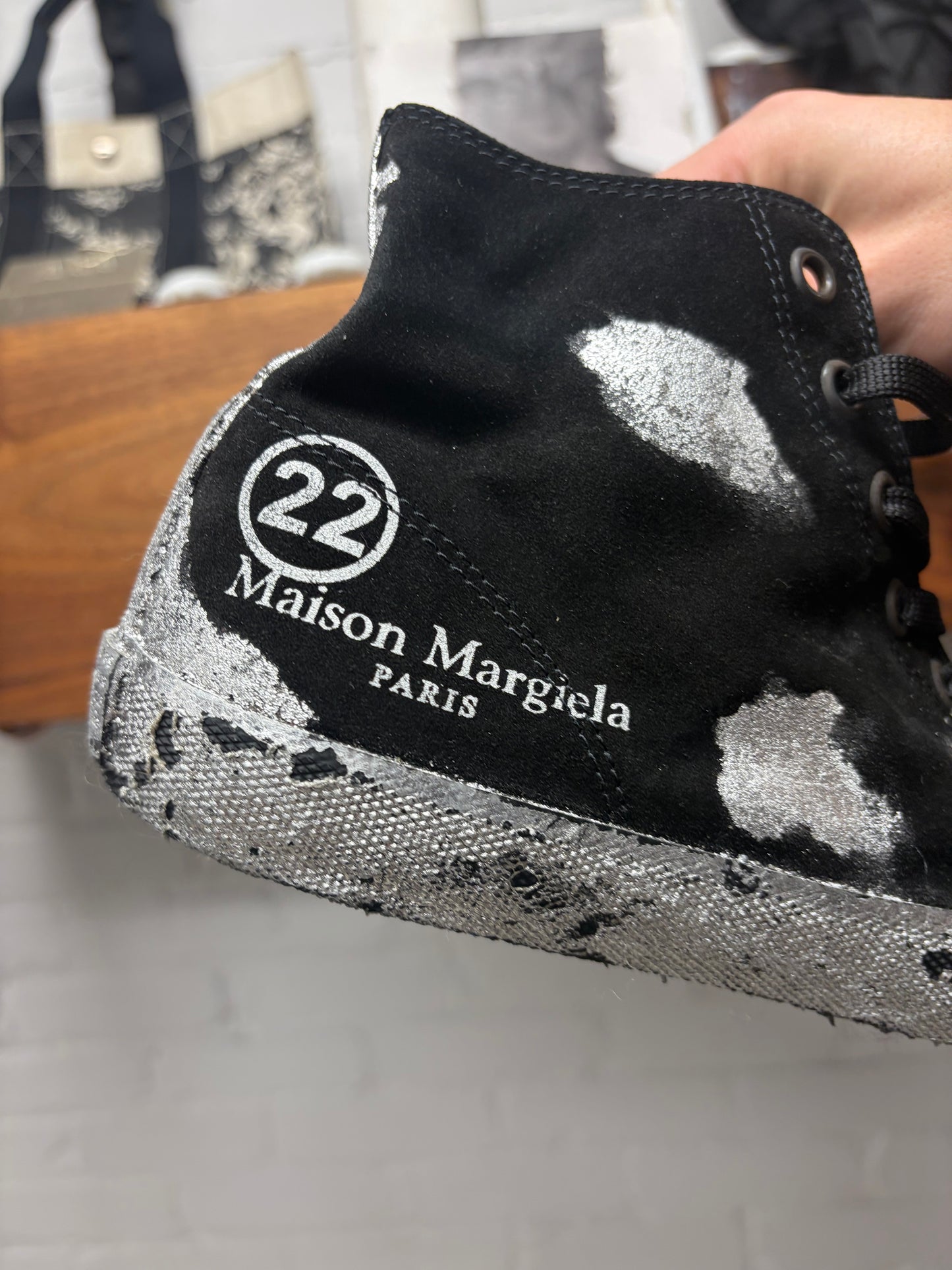 Maison Margiela Tabi Split Toe Silver Paint High Top Sneakers