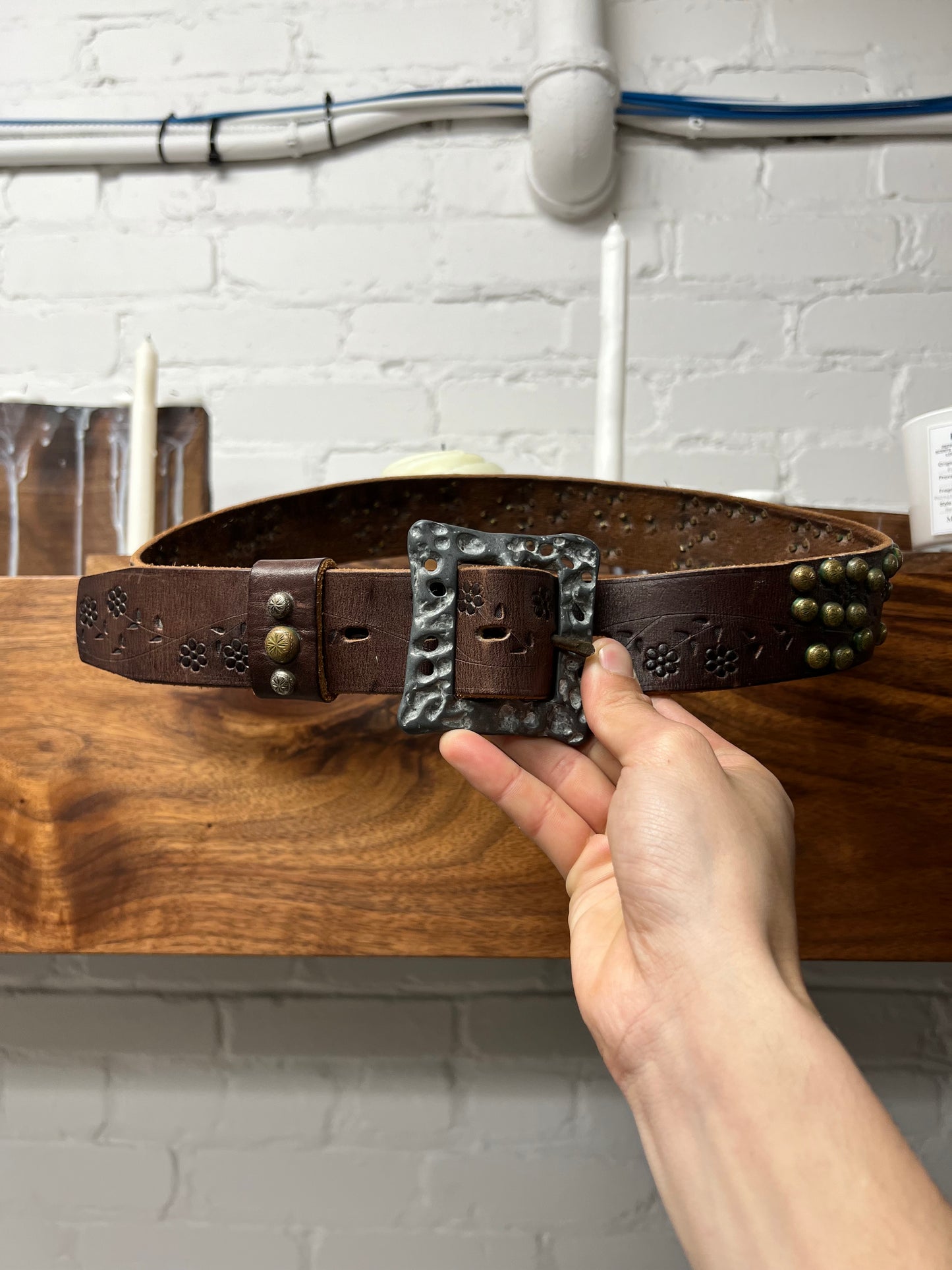 Great China Wall Studded Brass Leather Belt