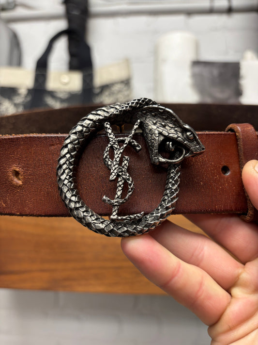 2016 Saint Laurent by Hedi Slimane ‘Serpent’ YSL Logo Brown Leather Belt