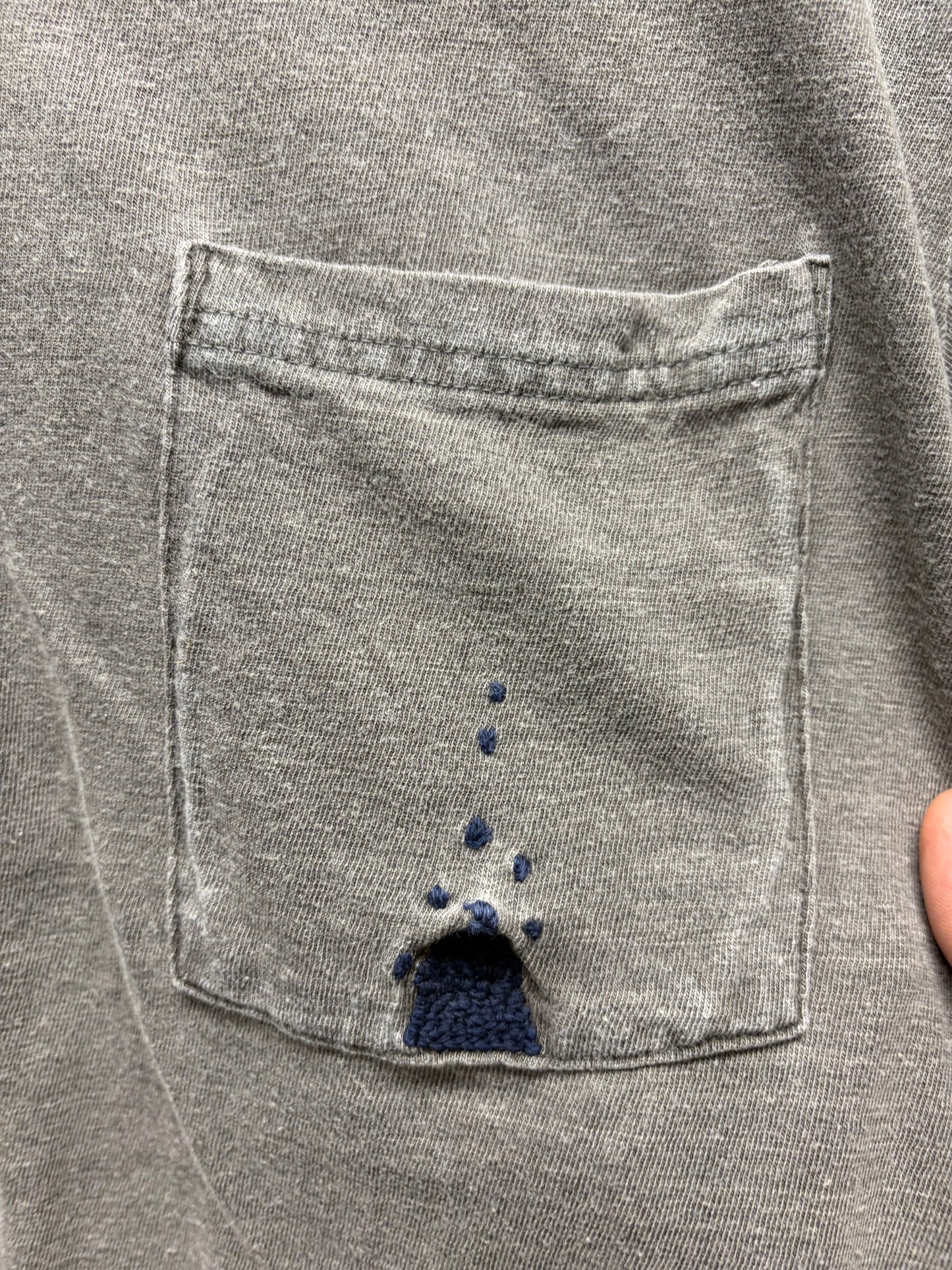 Kapital Stone Washed Grey Cotton V-Neck Shirt with Sashiko Repairs