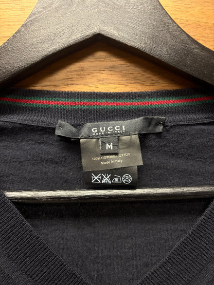2000s Gucci ‘Stripe Logo’ Cuff Finished V-Neck Knit Sweater