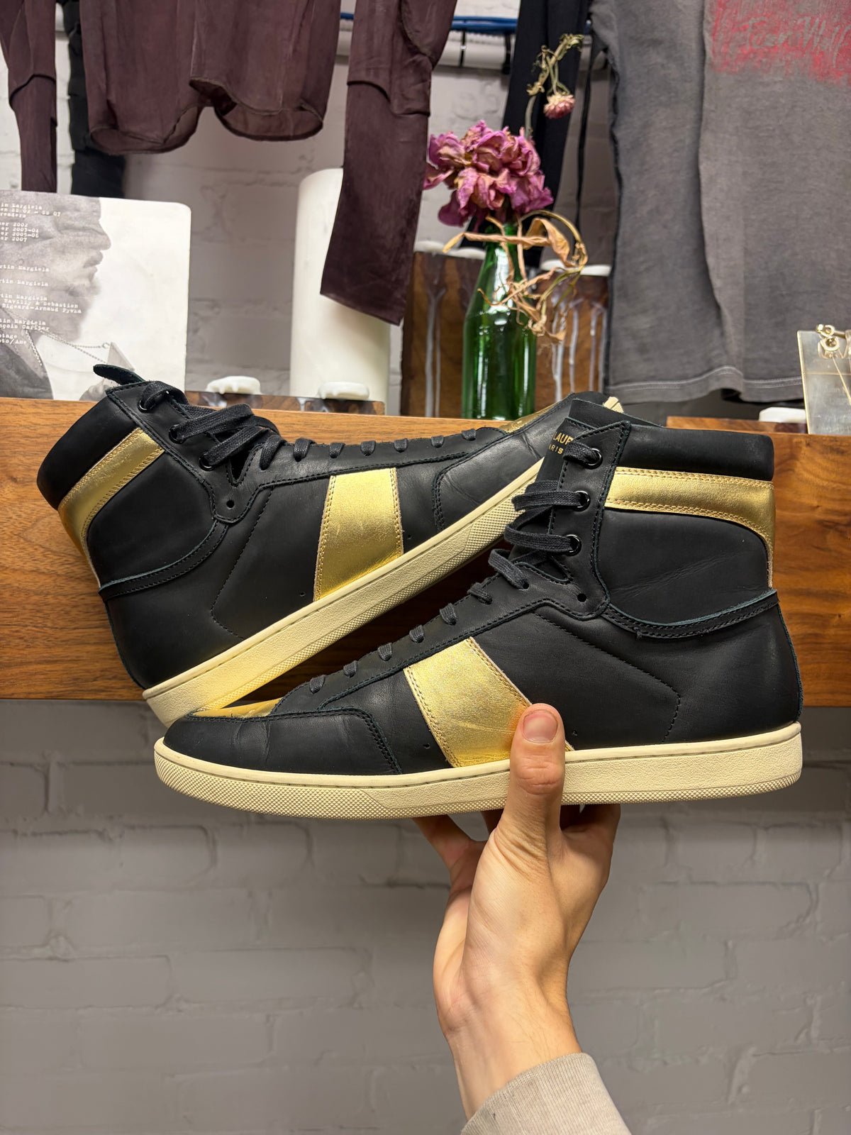 Saint Laurent 'SL/10H' Black/Gold Leather Court High Top Sneakers