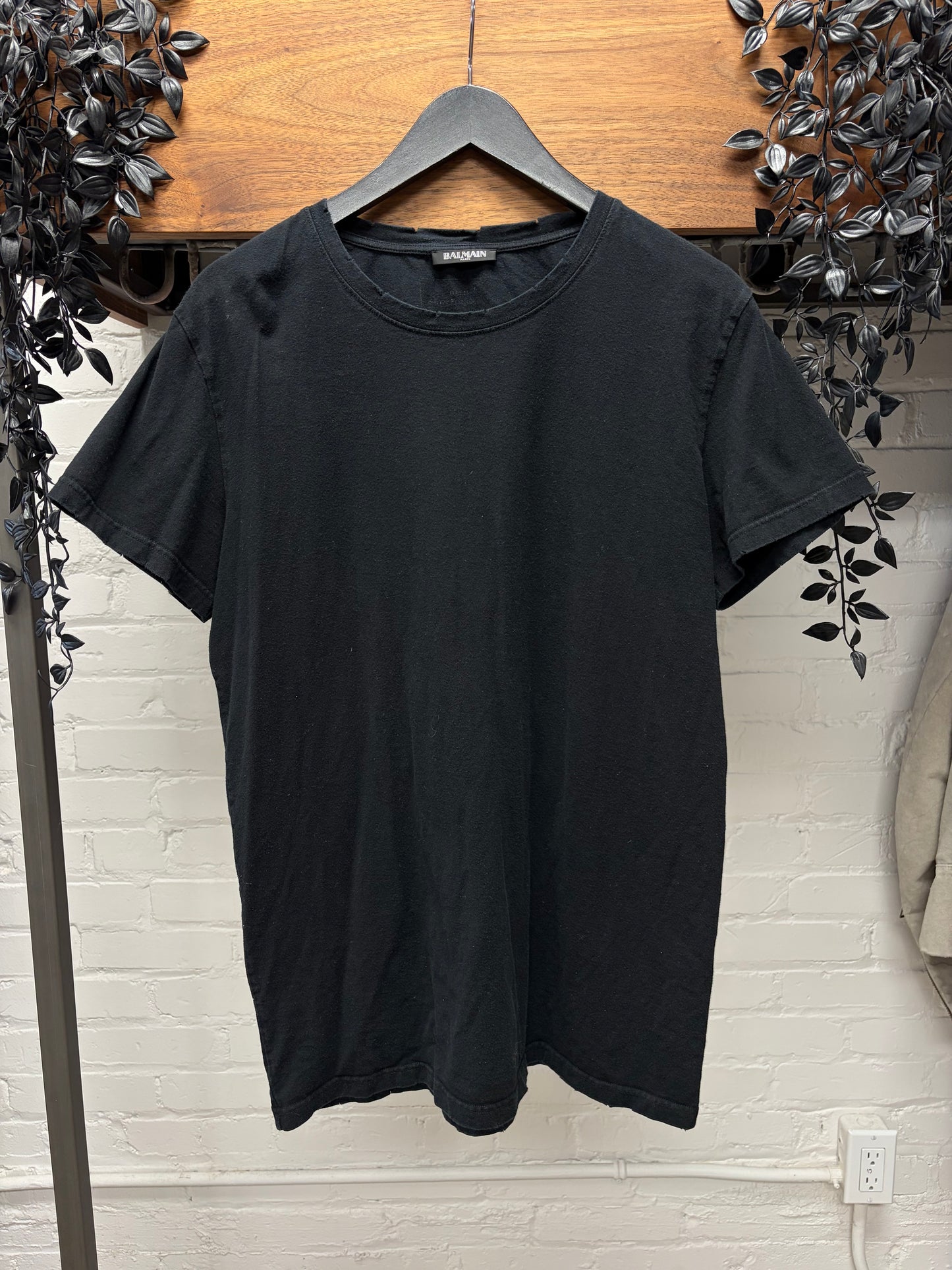 AW2016 Balmain Distressed Cotton Black Short Sleeve Shirt