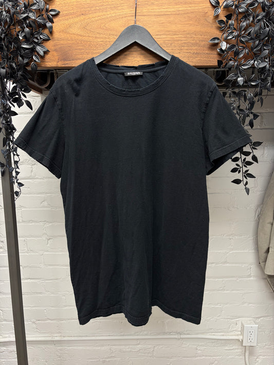 AW2016 Balmain Distressed Cotton Black Short Sleeve Shirt