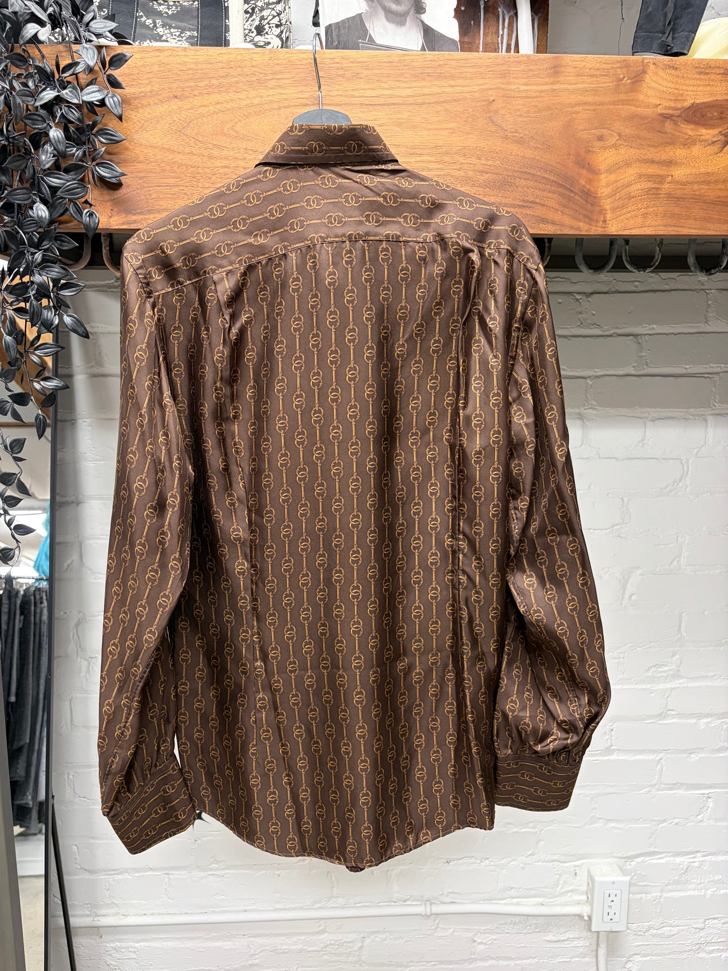 Vintage Gucci ‘Horsebit Pattern’ Brown/Gold Silk Button Up Shirt