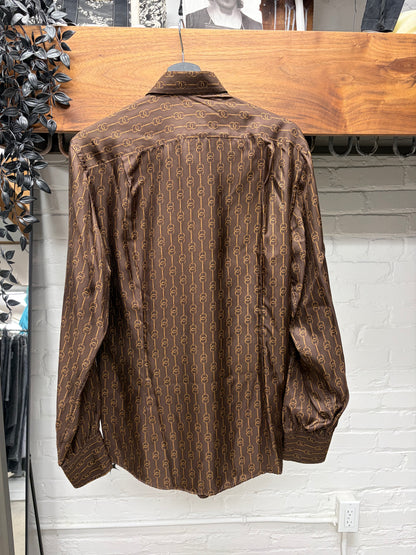 Vintage Gucci ‘Horsebit Pattern’ Brown/Gold Silk Button Up Shirt